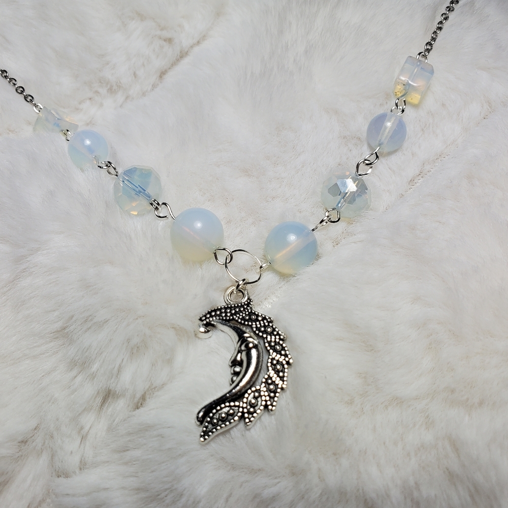 Opal crescent moon necklace